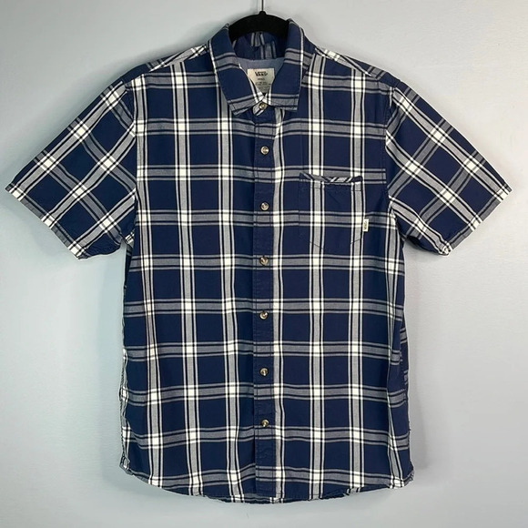 VANS Mens Stafford Plaid Button Down Shirt Classic Fit Navy Logo Skater Size S - Picture 12 of 12